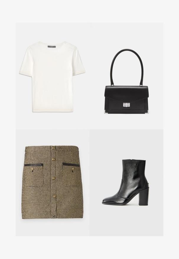 Weißes kurzärmliges Strickoberteil mit rundem Halsausschnitt, das eine glatte Textur und subtile Rippakzente an den Ärmeln und dem Saum aufweist.; Gewebter Rock mit einem schwarz-goldenen Muster, zwei Fronttaschen mit schwarzen Akzenten und goldenen Knöpfen in der Mitte.; Schwarze Leder-Stiefelette mit glatter Textur, spitzem Fuß und klobigem hohen Absatz. Verfügt über eine seitliche Öffnung und ein minimalistisches Design.; Schwarze Lederhandtasche mit strukturiertem Design, einem oberen Griff und einem silbernen Verschluss. Verfügt über Eckenakzente und eine glatte Textur.