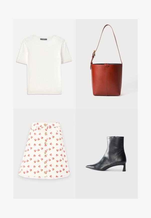 Valge lühikeste varrukatega soonikutega viimistletud ringkaelusega kampsun, millel on sile tekstuur.; Kreemivärvi A-line seelik, millel on maasikate muster, metallist nööbid ees ja küljetaskud. Pehme puuvillane tekstuur.; Mustad mustall nahkasaabas terava nina ja stiilse disainiga. Omab madalat konts ja luku sulgemist taga. Sile tekstuur.; Pruun nahast ämbri kott reguleeritava õlavööga ja kuldse määrdega, lihtne vertikaalne õmblusdetail ees.