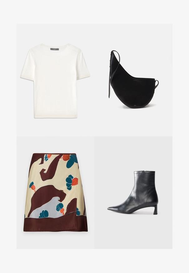 Balta īsām piedurknēm adīta blūze ar apaļu kakla izgriezumu, kurai ir gluda tekstūra un smalki riboti akcenti pie piedurknēm un apakšmalas.; Zīda svārki ar bēša pamatni, kas rotāta ar abstraktiem burgundijas, tirkīza un sarkaniem ziedu rakstiem; apakšmalai ir tumšs burgundijas tonis.; Melnas ādas potītes zābaki ar norādītu pirkstu un elegantu dizainu. Iezīmē zemu papēdi un rāvējslēdzēja aizdari aizmugurē. Gluda tekstūra.; Melna ādas rokassomas ar izliekto Mēness formu, kas iekļauj šauru siksniņu un delikātu zelta zīmolu priekšpusē. Gluda tekstūra ar minimālu aparatūru.