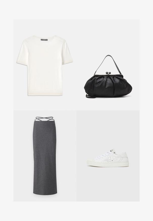 Top corto a maniche corte di colore bianco, in maglia, con scollatura rotonda. Presenta una texture liscia e accenti a coste sottili sulle maniche e sull'orlo.; Gonna midi grigia realizzata in tessuto morbido e elasticizzato. Presenta una silhouette dritta e cinture incrociate in vita per una vestibilità sicura.; Sneakers bianche basse con design perforato, lacci piatti e suola in gomma testurizzata. Presentano uno stile minimalista e una finitura morbida.; Borsa a mano in pelle nera con un design arrotondato e plissettato. Presenta una chiusura metallica con due palline decorative e una tracolla sottile e removibile.