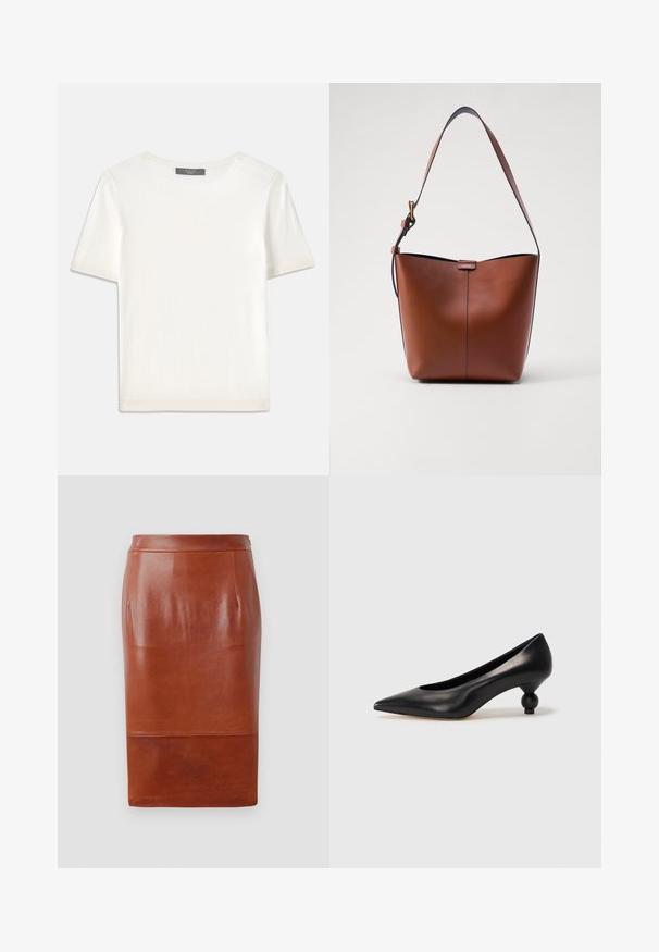 Weißes kurzärmliges Strickoberteil mit rundem Halsausschnitt, das eine glatte Textur und subtile Rippakzente an den Ärmeln und dem Saum aufweist.; Brauner Leder-Bleistiftrock mit glatter Textur, knielangem Design und subtiler Satinierung. Verfügt über einen figurbetonten Bund und seitliche Taschen.; Schwarze Leder-Pumps mit spitzem Zehenbereich und runder, ballförmiger Ferse. Glatte Textur mit einem eleganten, minimalistischen Design.; Braune Leder-Schultertasche mit geschwungener Form, glatter Textur und einem einzelnen dünnen Trageriemen. Verfügt über eine dezente Naht und ein kleines Logodetail.