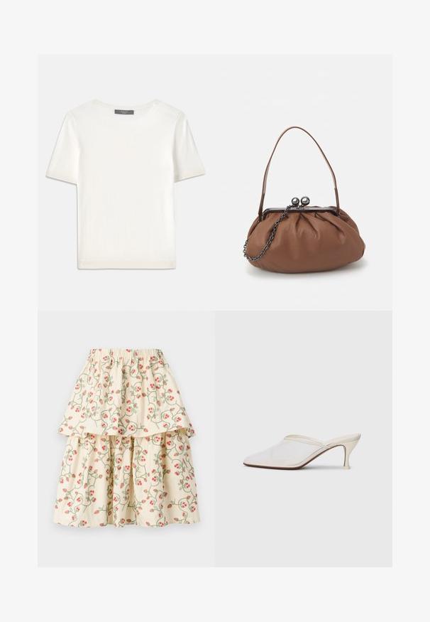 Baltas trumpas rankovėmis megztinis su apvaliu kaklu, pasižymintis lygia tekstūra ir subtiliais raštuotais akcentais rankovėse bei apykaulyje.; Kremo spalvos šifono sijonas su raudonų braškių ir žalių vijoklių gėlių raštu. Elastinga juosmens juosta patogumui ir pritaikymui.; Baltos tinklelio smailiakojės mules su plonu vidutinio aukščio kulnu ir užkulnio dizainu ant vientiso fono.; Ruda odinė rankinė su surinkto dizaino, trumpa odinė rankena ir grandinėlės diržas. Yra sidabrinė metalinė sagtis su dviem apvaliais akcentais.