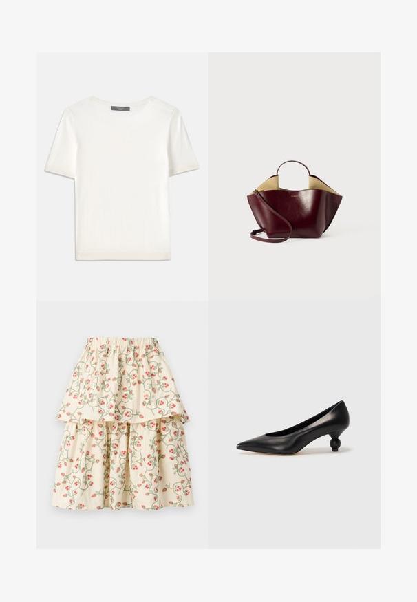 White short-sleeve knit top with a round neckline, featuring a smooth texture and subtle ribbed accents at sleeves and hem.; Cream-colored tiered skirt featuring a floral pattern of red strawberries and green vines. Elastic waistband for comfort and fit.; Black leather high heel shoe with a pointed toe and a round, balled heel. Smooth texture with a sleek, minimal design.; Burgundy leather handbag with a structured shape, featuring a short handle, long shoulder strap, and a contrasting beige interior.