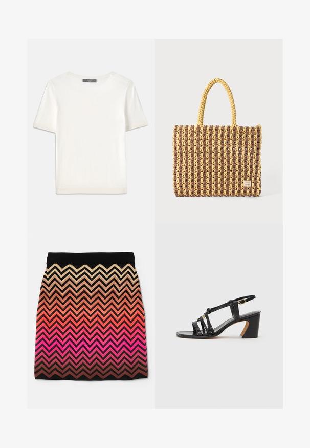 Biele krátke rukávy pletené tričko s okrúhlym výstrihom, ktoré má jemnú textúru a nenápadné rebrované detaily na rukávoch a leme.; Pletená sukňa s cik-cak vzorom v prechodových farbách od béžovej po ružovú, s čiernym pásom a textúrovanou tkaninou.; Paul Smith AMIRA - Klasické lodičky na opätku - black; Tkaná taška v hnedej a žltej farbe, s obdĺžnikovým tvarom, dvoma úchytmi a textúrovaným povrchom s viditeľným šitím a značkovou visačkou.