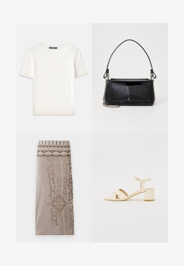 Witte gebreide top met korte mouwen en een ronde halslijn, met een gladde textuur en subtiele ribgebreide accenten bij de mouwen en de zoom.; Gebreide rok in lichtbruin met een patroon op de tailleband en een textuur in het lijf met een subtiele streepdesign en decoratieve elementen.; Beige gepolijst lederen sandalen met hakken, voorzien van een kruisbandontwerp, open teen, verstelbare enkelband en een blokhak. Gladde textuur.; Zwart gepatineerd leren handtas met een rechthoekige vorm, kettingband en een opvallend hardwareaccent in het midden. Gladde textuur.