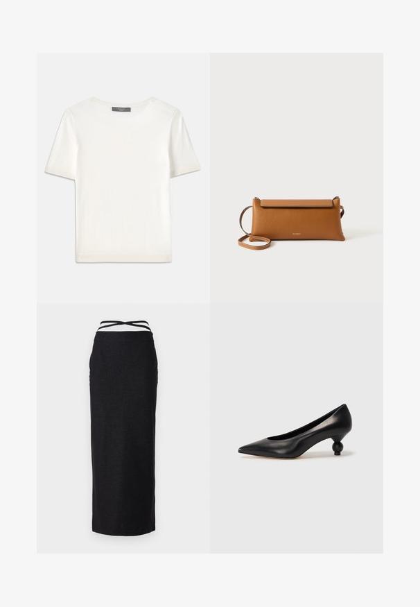 Haut tricot blanc à manches courtes avec un col rond, présentant une texture lisse et des accents côtelés subtils aux manches et à l'ourlet.; Jupe maxi noire en tissu lisse et léger, dotée d'une taille haute avec des bretelles croisées et d'une silhouette droite.; Chaussure à talon haut en cuir noir avec un bout pointu et un talon arrondi. Texture lisse avec un design épuré et minimal.; Sac à main en cuir brun, de forme rectangulaire, surface texturée, bandoulière amovible, fermeture éclair, logo subtil estampé à l'avant.