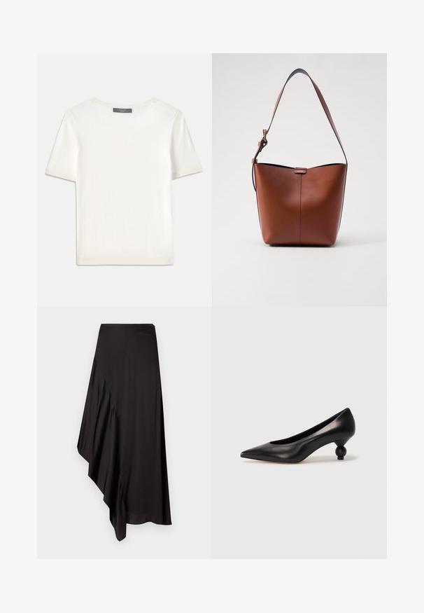 Bílý pletený top s krátkým rukávem a kulatým výstřihem, s hladkou strukturou a jemnými ribovými akcenty na rukávech a lemu.; AERON ASTER SKIRT - Pouzdrová sukně - black; Černá kožená vysoká bota na podpatku s špičatou špičkou a kulatým, zaobleným podpatkem. Hladká textura s elegantním, minimalistickým designem.; Hnědá kožená taška přes rameno s zakřiveným tvarem, hladkou texturou a jedním tenkým popruhem. Obsahuje jemný šev a malý detail loga.