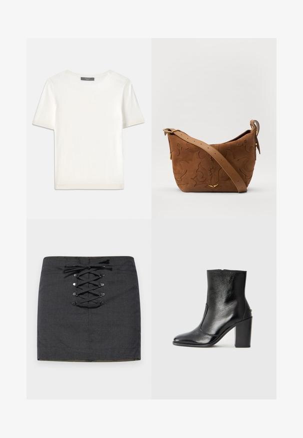 Baltas trumpas rankovėmis megztinis su apvaliu kaklu, pasižymintis lygia tekstūra ir subtiliais raštuotais akcentais rankovėse bei apykaulyje.; Tamsiai pilkas mini sijonas su priekinėmis juostelėmis ir metaliniais akcentais. Švelni medžiaga, prigludusi forma ir vidutinio aukščio juosmuo.; Juodas odinis kulkšninis batas su lygiu paviršiumi, smailiu pirštu ir masyviu aukštu kulnu. Savybė - šoninis atidarymas ir minimalistiškas dizainas.; Ruda suedes pečių rankinė su išsiuvinėtu gėlės dizainu, papildyta lygiu ruduo odos diržu ir auksinės spalvos detalėmis.