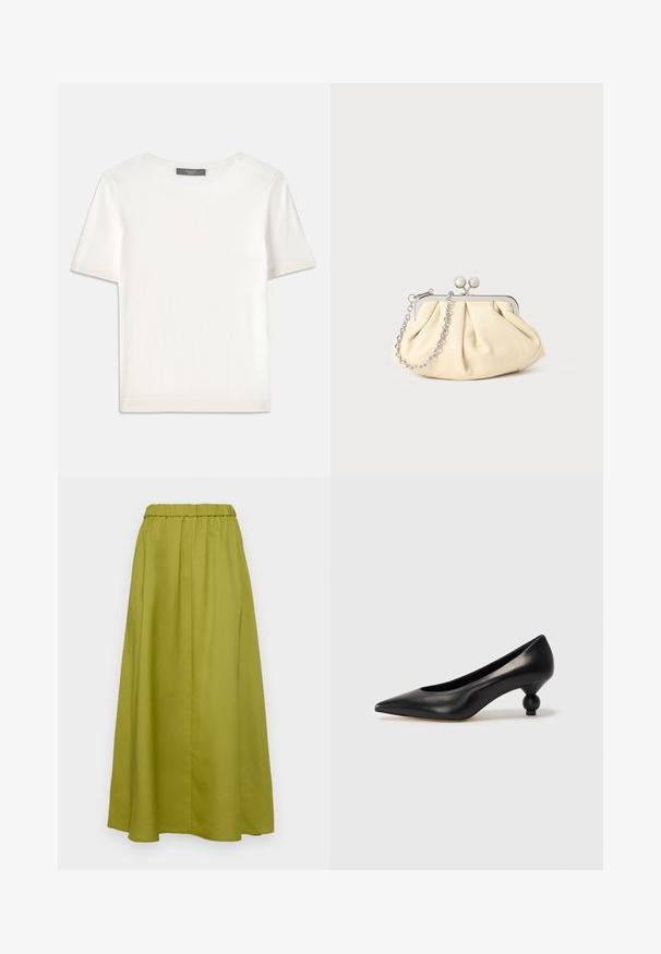 Witte gebreide top met korte mouwen en een ronde halslijn, met een gladde textuur en subtiele ribgebreide accenten bij de mouwen en de zoom.; Maxi rok in olijfgroen, gemaakt van een soepele stof. Beschikt over een elastische tailleband en een vloeiende silhoutte met plooien voor extra textuur.; Zwarte leren hoge hak schoen met een spitse neus en een ronde, bolle hak. Gladde textuur met een elegant, minimalistisch ontwerp.; Geplooide beige leren clutch met een zilveren metalen frame, voorzien van twee ronde decoratieve sluitingen en een zilveren kettingriem.