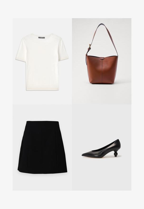 Biała krótki rękaw dzianinowa bluzka z okrągłym dekoltem, charakteryzująca się gładką teksturą i subtelnymi prążkowanymi akcentami na rękawach oraz u dołu.; Czarna mini spódnica o strukturalnym kroju, z przeszyciami z przodu i bocznymi kieszeniami, wykonana z gładkiego, lekkiego materiału.; Czarna skórzana szpilka z ostrym czubkiem i okrągłym, kulistym obcasem. Gładka tekstura z eleganckim, minimalistycznym wzornictwem.; Brązowa skórzana torba na ramię o zakrzywionym kształcie, gładkiej fakturze i pojedynczym cienkim pasku. Posiada subtelną szew i mały detal z logo.
