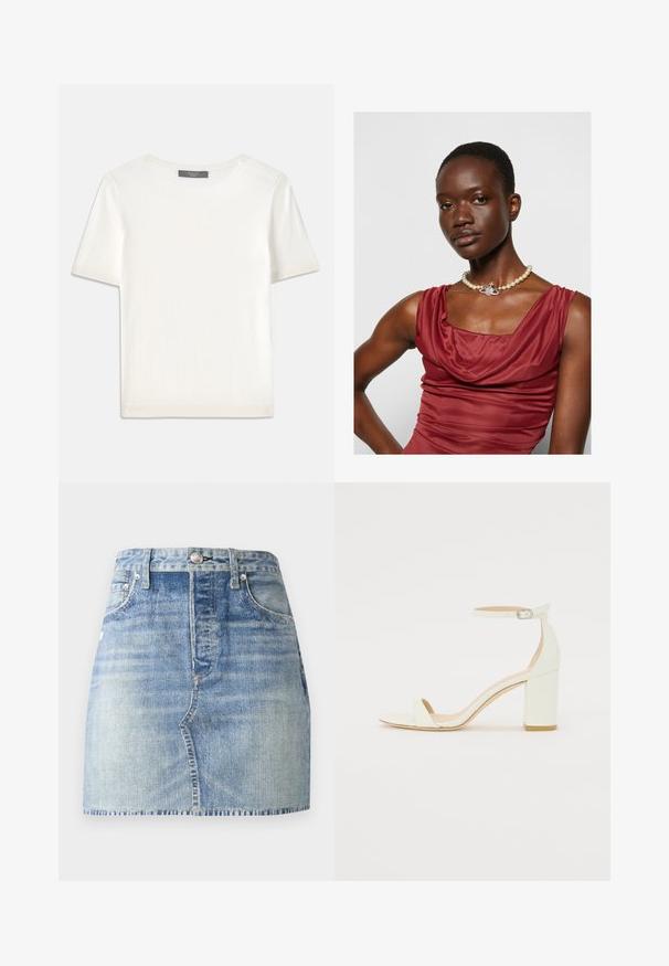 Top de malha branco, de mangas curtas, com decote redondo, apresentando uma textura suave e discretos realces canelados nas mangas e na barra.; Saia mini de ganga azul clara com cós alto, bainha finalizada, bolsos frontais e fecho com botão de metal. O efeito de lavagem desgastada acrescenta textura.; Sandal de bloco em pele branca, apresentando uma correia no tornozelo com fivela e um design minimalista. Com biqueira aberta e texturas suaves ao longo de toda a peça.; Vestido de gola drapeada, de um vermelho profundo, com uma textura suave. Apresenta um colar de pérolas com um detalhe prateado decorativo ao centro.
