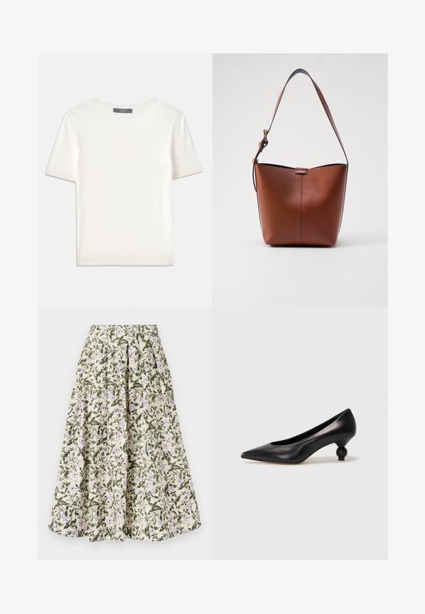 White short-sleeve knit top with a round neckline, featuring a smooth texture and subtle ribbed accents at sleeves and hem.; Floral skirt featuring a cream background, green leaves, and purple flowers. Elastic waistband, pleated design, and lightweight fabric.; Black leather high heel shoe with a pointed toe and a round, balled heel. Smooth texture with a sleek, minimal design.; Brown leather shoulder bag with a curved shape, smooth texture, and a single thin strap. Features a subtle seam and a small logo detail.