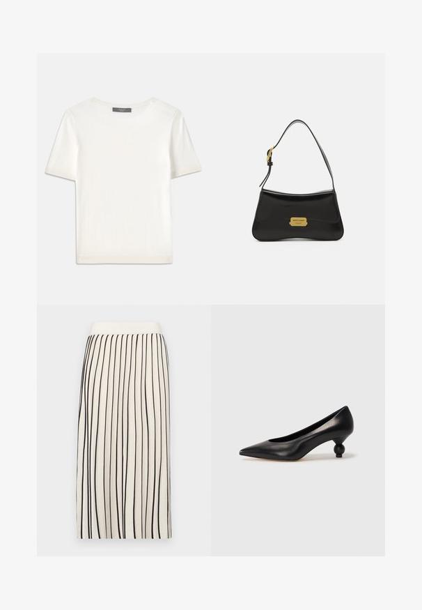 White short-sleeve knit top with a round neckline, featuring a smooth texture and subtle ribbed accents at sleeves and hem.; Cream-colored skirt with vertical black stripes, featuring a straight design and elastic waistband. Smooth texture, knee-length cut.; Black leather high heel shoe with a pointed toe and a round, balled heel. Smooth texture with a sleek, minimal design.; Black leather handbag with a curved design, gold logo plate accent, and a slim shoulder strap. Smooth texture with a sleek finish.