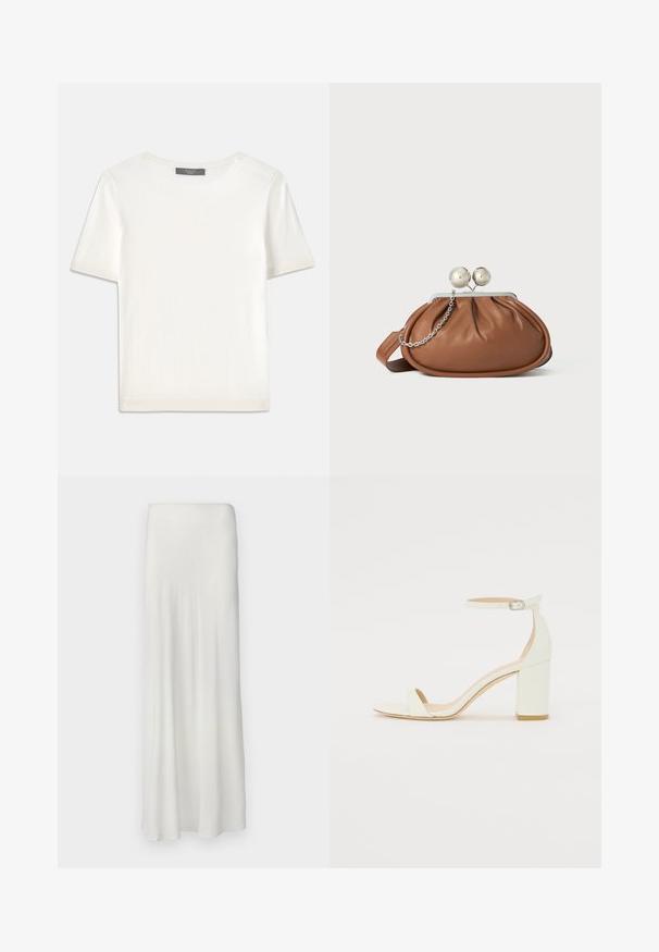 Witte gebreide top met korte mouwen en een ronde halslijn, met een gladde textuur en subtiele ribgebreide accenten bij de mouwen en de zoom.; Lange, witte rok van een gladde, vloeiende stof. Heeft een eenvoudige, elastische tailleband en een rechte silhouette, die tot aan de enkel reikt.; Witte leren sandaal met blokhak, voorzien van een enkelsluitsel met een gesp en een minimalistisch design. Open teen en gladde texturen overal.; Bruine leren clutch met een zilveren balsluiting en een klein zilveren kettingdetail op een witte achtergrond.