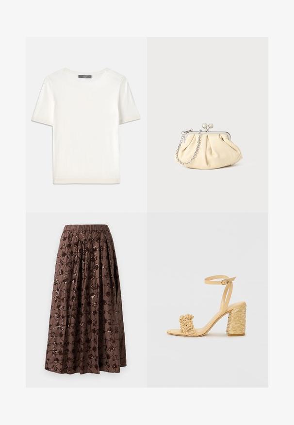 Vit kortärmad stickad topp med rund halsringning, med en jämn textur och subtila randiga detaljer vid ärmarna och fållen.; Brun midi kjol med elastisk midja, prydd med blommiga paljetter, plisserad design och en mjuk tygtextur.; Beige högklackad sandal med flätad textur, prydd med en dekorativ blomma och vristrem. Fyrkantig klack ger stabilitet.; Plisserad beige läderclutch med en silvermetallram, som har två runda dekorativa lås och en silverkedjestrap.