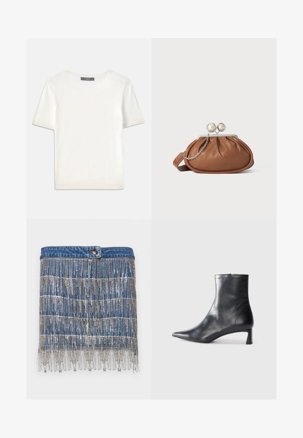 Haut tricot blanc à manches courtes avec un col rond, présentant une texture lisse et des accents côtelés subtils aux manches et à l'ourlet.; Jupe mini en denim avec des embellissements de sequins argentés, présentant des motifs à rayures horizontales, une fermeture à bouton et un ourlet frangé.; Bottine en cuir noir avec un bout pointu et un design épuré. Présente un petit talon et une fermeture éclair à l'arrière. Texture lisse.; Pochette en cuir marron avec un fermoir à boule en argent et un petit détail en chaîne argentée sur fond blanc.