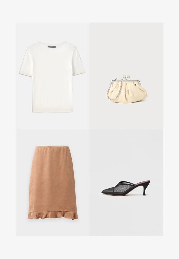 Biele krátke rukávy pletené tričko s okrúhlym výstrihom, ktoré má jemnú textúru a nenápadné rebrované detaily na rukávoch a leme.; Hnedá textúrovaná sukňa s volánovým lemom, vyrobená z jemného materiálu, ktorý sa ľahko splýva, navrhnutá s elastickým pásom pre pohodlie.; Čierne sieťované muly s špicatou špičkou, tenkými popruhmi a 3-palcovým ihlovým podpätkom. Obsahujú priehľadnú textúru a pevnú tónovú podrážku.; Zhlý béžový kožený klobúk so strieborným kovovým rámom, ktorý má dve okrúhle dekoratívne zámky a strieborný reťazový popruh.