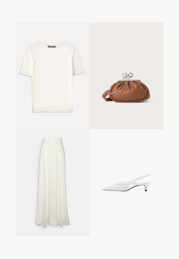 Weißes kurzärmliges Strickoberteil mit rundem Halsausschnitt, das eine glatte Textur und subtile Rippakzente an den Ärmeln und dem Saum aufweist.; Weißer, bodenlanger Rock mit glatter, fließender Textur, der einen figurbetonten hohen Bund hat und keine sichtbaren Muster oder Verzierungen aufweist.; Weißer Slingback-Absatzschuh mit spitzer Zehenpartie, featuring ein glattes Obermaterial, subtile Ausschnitte und einen niedrigen Blockabsatz. Die schwarze Sohle betont das Design.; Braune Leder-Clutch mit silbernem Kugelverschluss und einem kleinen silbernen Kettendetail auf weißem Hintergrund.