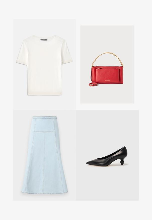 Bílý pletený top s krátkým rukávem a kulatým výstřihem, s hladkou strukturou a jemnými ribovými akcenty na rukávech a lemu.; Světle modrá džínová áčková sukně s vysokým pasem, která má vertikální švy a rozšířený lem pro zvýšenou pohyblivost.; Černá kožená vysoká bota na podpatku s špičatou špičkou a kulatým, zaobleným podpatkem. Hladká textura s elegantním, minimalistickým designem.; Červená kožená kabelka s texturovaným povrchem, zlatým řetězem a popruhem, přední kapsou na zip a vyraženým logem. Kompaktní a strukturovaný design.