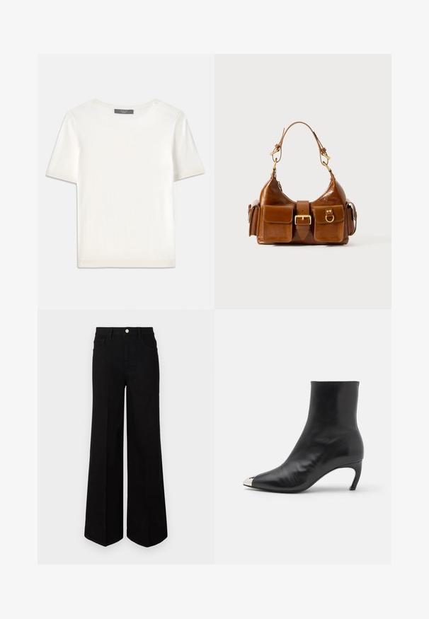 Bijela kratkotrajna pletena majica s kratkim rukavima i okruglim izrezom, koja se odlikuje glatkom teksturom i suptilnim rebrastim detaljima na rukavima i rubu.; Crne široke traperice od čvrstog materijala, s visokim strukom, prednjim džepovima i prednjim kopčanjem na dugme. Ravni rub na dnu.; Iro JOLIMET - Klasične gležnjače - glossy black; Smeđa kožna torba s zakrivljenim oblikom, dvostrukom zlatnom hardverom, dva prednja džepa i širokom naramenicom. Glatka tekstura s elegantnim završetkom.