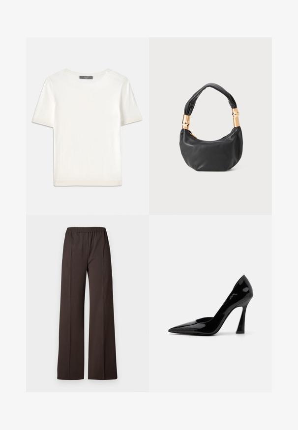 Weißes kurzärmliges Strickoberteil mit rundem Halsausschnitt, das eine glatte Textur und subtile Rippakzente an den Ärmeln und dem Saum aufweist.; Weite Hosen aus dunkelbraunem Stoff mit einem elastischen Taillenbund, die eine glatte Textur und klare Linien für einen eleganten Look aufweisen.; Schwarze Lackleder-Pumps mit hohen Absätzen, spitz zulaufender Zehenform und einem eckigen Stiletto-Absatz, die eine glatte, glänzende Textur aufweisen.; Schwarze Lederhandtasche mit runder Form, weicher Textur und einem geknoteten Griff mit goldfarbenen Hardware-Akzenten. Reißverschlussverschluss.