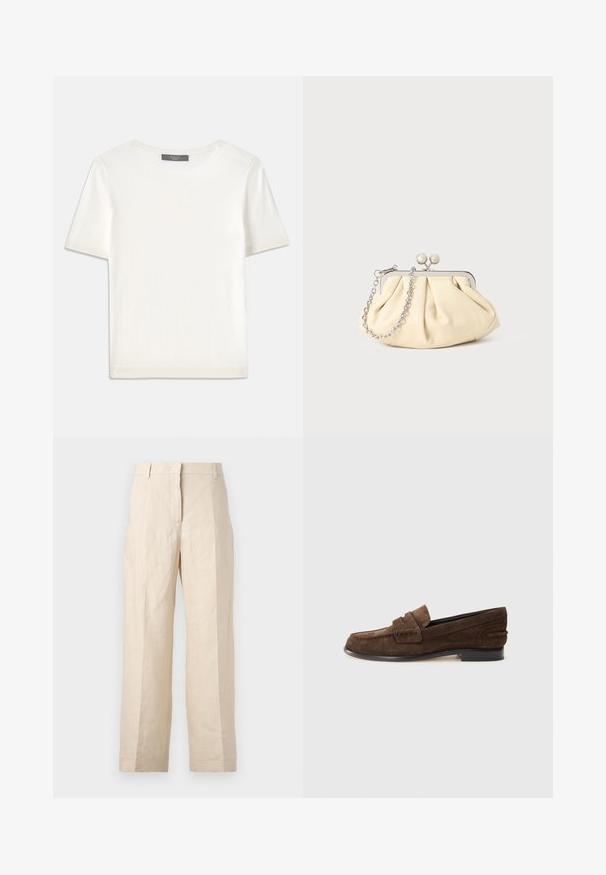 Weißes kurzärmliges Strickoberteil mit rundem Halsausschnitt, das eine glatte Textur und subtile Rippakzente an den Ärmeln und dem Saum aufweist.; Beige Leinenhosen mit einer lockeren Passform, gefältelter Vorderseite und geraden Beinen. Besitzt einen Bund mit Gürtelschlaufen und keine sichtbaren Taschen.; Braune Wildleder-Loafer mit niedrigem Absatz, die über ein gestepptes Schürzen-Design und eine glatte Innenauskleidung verfügen. Seitliche Akzente sorgen für Textur.; Faltige beigefarbene Ledertasche mit einem silbernen Metallrahmen, ausgestattet mit zwei runden dekorativen Verschlüssen und einem silbernen Kettenriemen.