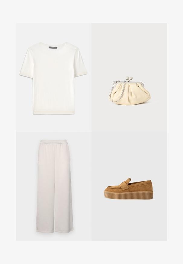 Baltas trumpas rankovėmis megztinis su apvaliu kaklu, pasižymintis lygia tekstūra ir subtiliais raštuotais akcentais rankovėse bei apykaulyje.; Šviesiai smėlinės spalvos plačios kelnės su elastinga juostele. Lygus audinys, pilno ilgio, be matomų papuošimų ar raštų.; Rudos suedinės loafer tipo bateliai su apvaliu pirštu, turintys raukšlėtą platformos padą ir dekoratyvinę juostą per viršutinę dalį.; Plyšiniai smėlio spalvos odiniai rankinukai su sidabriniu metaliniu rėmu, turintys du apvalius dekoratyvinius užtrauktukus ir sidabrinę grandinėlę.