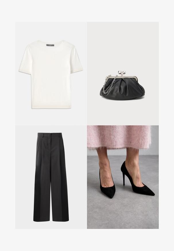 Biała krótki rękaw dzianinowa bluzka z okrągłym dekoltem, charakteryzująca się gładką teksturą i subtelnymi prążkowanymi akcentami na rękawach oraz u dołu.; Czarne szerokie spodnie z wysokim stanem, z przodu z fałdami, o gładkiej fakturze i dopasowanym wykończeniu. Zaprojektowane z myślą o luźnym kroju.; Czarne zamszowe szpilki z ostrymi noskami i obcasami w szpic. W połączeniu z różową, puszystą spódnicą, uwaga skupia się na wzornictwie i fakturze butów.; Czarna skórzana kopertówka o marszczonej teksturze, srebrna metalowa rama, zamek na zatrzask i łańcuszek. Gładka, miękka powierzchnia.