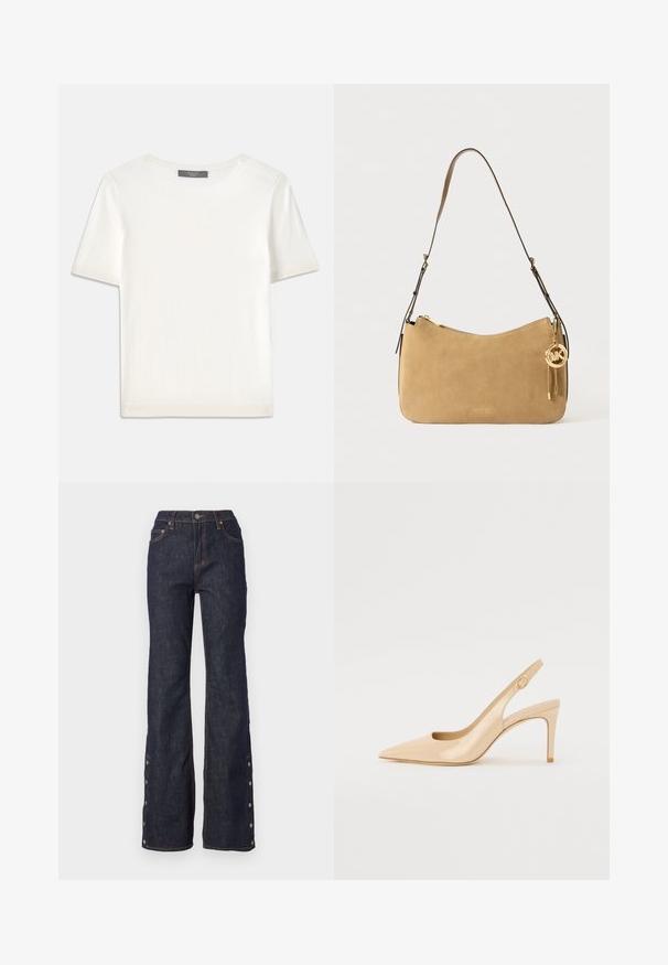 Top tricotat alb cu mânecă scurtă, cu decolteu rotund, având o textură netedă și accente subtile cu nervuri la mâneci și la margine.; Jeans din denim închis, cu talie înaltă, picioare evazate, cusături portocalii în contrast și butoane laterale pe margine pentru ajustarea fitului.; Pantofii cu toc slingback din piele patent nud, cu vârf ascuțit, vamp deschis și toc subțire stilettos. Prezintă un accent circular auriu pe curea.; Geantă de umăr din suede bej cu formă curbată, accesorii din aur și închidere cu fermoar. Are un charms atașat cu inițialele "MK."