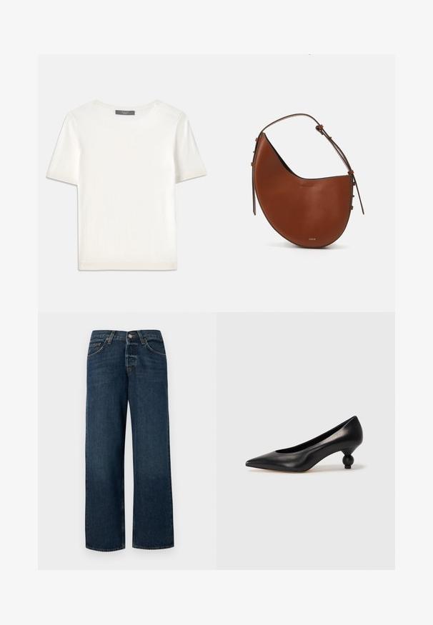 Fehér, rövid ujjú kötött felső, kerek nyakkivágással, sima textúrával és diszkrét bordázott részletekkel az ujjain és az alján.; Sötétkék farmernadrág, egyenes fazonnal, öt zsebbel és fémből készült szerelvényekkel. Enyhe kopás és rendezett szegés jellemzi.; Fekete bőr magassarkú cipő, hegyes orral és kerek, gömbölyű sarokkal. Simább textúrával, elegáns, minimalista dizájnnal.; Barna bőr válltáska félhold alakú, vékony barna pánttal és diszkrét arany színű részletekkel. Simább textúrája van és minimális varrást tartalmaz.