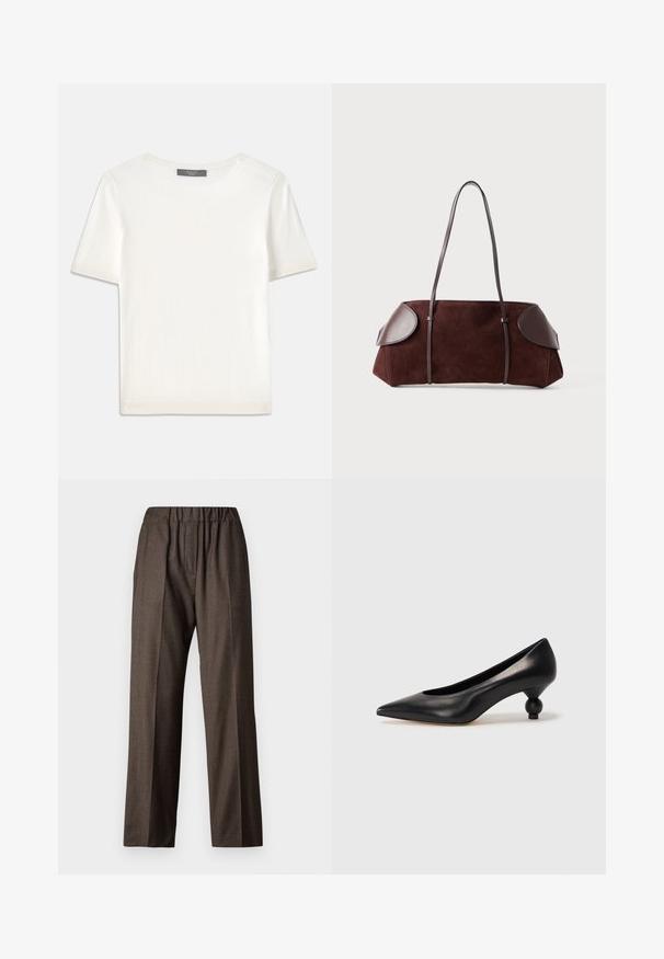 White short-sleeve knit top with a round neckline, featuring a smooth texture and subtle ribbed accents at sleeves and hem.; Brown, checkered fabric trousers with an elastic waistband, straight-leg design, and side pockets. Textured surface with a subtle pattern.; Black leather high heel shoe with a pointed toe and a round, balled heel. Smooth texture with a sleek, minimal design.; Brown suede bag with leather accents, structured shape, dual shoulder straps, and rounded edges, featuring a smooth texture and minimal hardware.