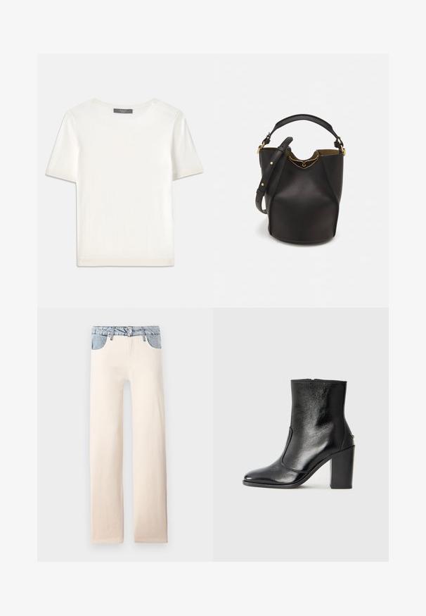 Top tricotat alb cu mânecă scurtă, cu decolteu rotund, având o textură netedă și accente subtile cu nervuri la mâneci și la margine.; Jeanși drepți de culoare bej deschis, cu talie din denim albastru deschis și accente pe buzunare, fabricați din bumbac cu o textură netedă.; Botină din piele neagră, cu o textură netedă, vârf ascuțit și toc gros, înalt. Dispune de o deschidere laterală și un design minimalist.; Geantă din piele neagră în stil bucket, cu un finisaj texturat, accente din metal auriu și un compartiment deschis. Dispune de o mânere scurtă și un curea de umăr ajustabilă.