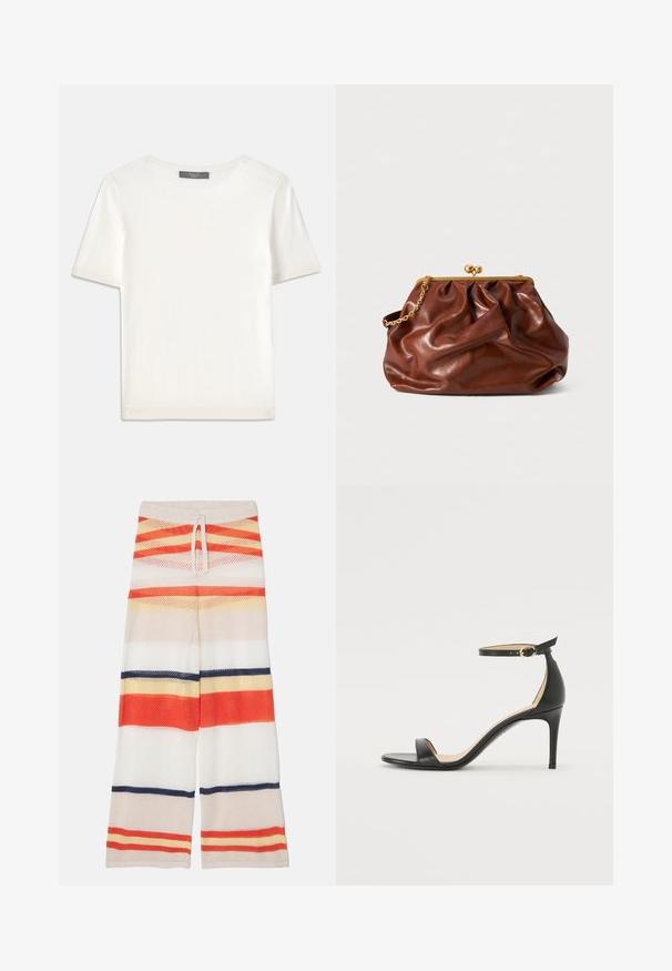 Bela kratka pletena majica s kratkimi rokavi in okroglim izrezom, ki ima gladko teksturo in subtilne rebrovane detajle na rokavih in robu.; Široke hlače iz mrežastega materiala z vodoravnimi črtami v rdeči, oranžni, rumeni, beli in mornarsko modri barvi. Elastičen pas z detajlom vrvice.; Črne usnjene sandale s peto, ki imajo priponko za gleženj. Imajo gladko teksturo, odprt prst in tanek peto. Podrobnost z zlatim sponko.; Rjava usnjena torba s zlatim zapirnom okvirom in kratko zlatno verižico, ki ima mehak, nabran videz na belem ozadju.