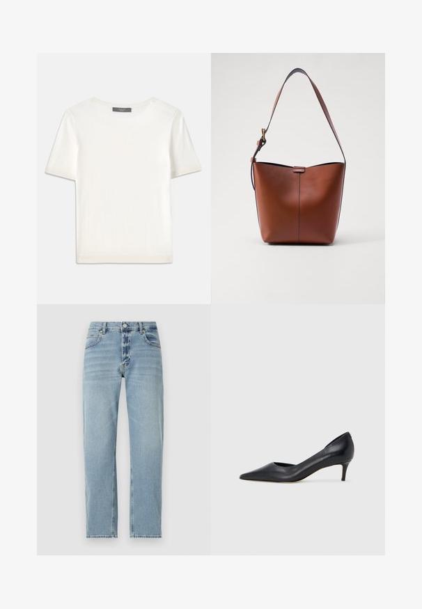 Fehér, rövid ujjú kötött felső, kerek nyakkivágással, sima textúrával és diszkrét bordázott részletekkel az ujjain és az alján.; Világoskék farmernadrág, egyenes szabással, öt zsebbel és látható varrási részletekkel. A nadrág szárain enyhén kopott textúra található.; Fekete bőr magassarkú cipő hegyes orral és alacsony sarokkal. Sima felülettel és enyhe fényű kialakítással rendelkezik. Az elején nyitott részlet a fokozott díszítésért.; Barna bőr válltáska ívelt formával, sima felülettel és egy vékony pánttal. Diszkrét varrással és kis logóval rendelkezik.
