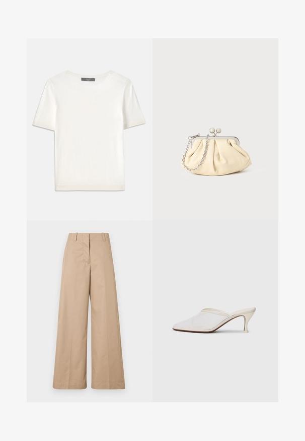 Valge lühikeste varrukatega soonikutega viimistletud ringkaelusega kampsun, millel on sile tekstuur.; Bežid laiused püksid siledast puuvillast kangast, millel on kohandatud vöökoht ja lame esiosa, kujundatud mugavaks istuvuseks ja puhaste joontega.; Valge võrkmaterjalist teravatoa mulli king, millel on peen keskmise kõrgusega konts ja libisev disain, tühjal taustal.; Kortsus beežist nahast kotike, millel on hõbedane metallraam, kaunistatud kahe ümmarguse dekoratiivse lukuga ja hõbedase ketispideme.