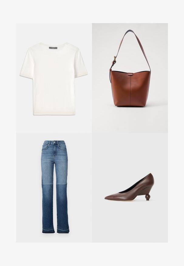 Bílý pletený top s krátkým rukávem a kulatým výstřihem, s hladkou strukturou a jemnými ribovými akcenty na rukávech a lemu.; Džíny s vysokým pasem v denimovém stylu, které mají přechod od světlé modré po tmavou, rovný střih a roztrhané lemy na nohavicích.; Hnědé kožené klínové lodičky s špičatou špičkou a zaobleným, kulatým podpatkem. Hladký povrch s jednoduchým designem a minimem akcentů.; Hnědá kožená taška přes rameno s zakřiveným tvarem, hladkou texturou a jedním tenkým popruhem. Obsahuje jemný šev a malý detail loga.