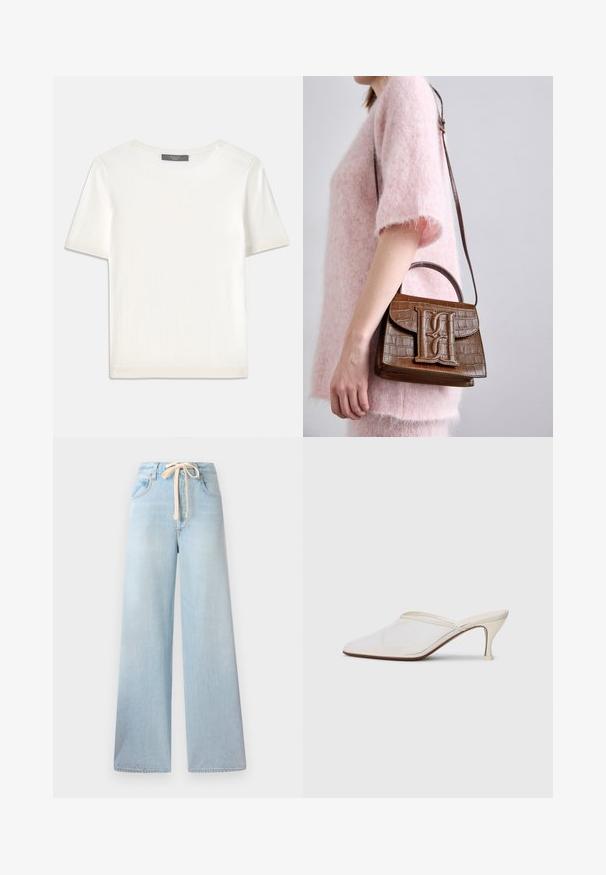 Biele krátke rukávy pletené tričko s okrúhlym výstrihom, ktoré má jemnú textúru a nenápadné rebrované detaily na rukávoch a leme.; Svetlo modré široké džínsy vyrobené z denimu, s elastickým pásom so šnúrkou a klasickým dizajnom piatich vreciek s minimálnym vyblednutím.; Biele sieťované lodičky s špicatou špičkou, s úzkym stredne vysokým podpätkom a bez zapínania, na jednobodovom pozadí.; Hnedá kabelka s embosovaným vzorom krokodíla, so spodnou rukoväťou a ramenným popruhom. Obsahuje výrazné logo na prednom klape. Mäkká textúra.