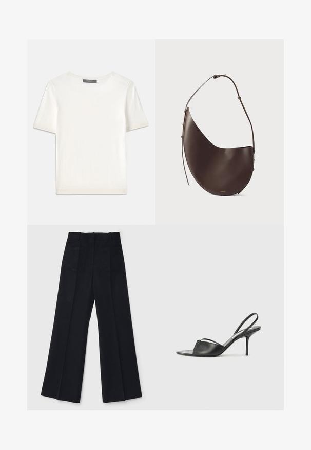 Haut tricot blanc à manches courtes avec un col rond, présentant une texture lisse et des accents côtelés subtils aux manches et à l'ourlet.; Un pantalon large noir en tissu lisse, avec une taille haute, deux poches arrière et des plis subtils à l'avant pour une silhouette affinée.; Escarpins en cuir noir à talon décolleté, avec un bout pointu, une fine bride de cheville et un talon aiguille. Présente un détail noué sur le devant.; Sac à main en cuir brun avec une forme incurvée, une seule sangle et un design minimaliste. Présente un logo subtil et des accents en hardware doré.