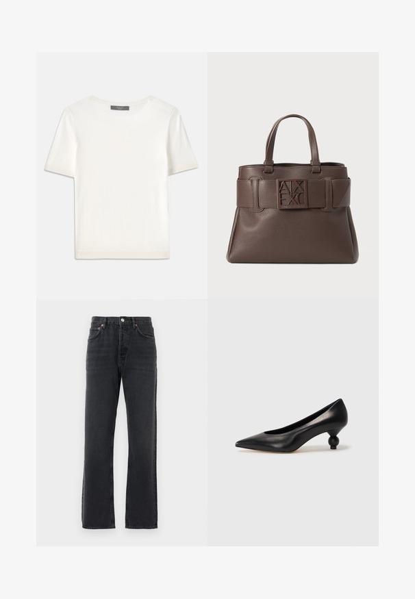 Biele krátke rukávy pletené tričko s okrúhlym výstrihom, ktoré má jemnú textúru a nenápadné rebrované detaily na rukávoch a leme.; Čierne rovné jeanové nohavice s piatimi vreckami, zapínaním na gombík a pútkami na opasok, vystavené na bielom pozadí.; Čierna kožená vysoká topánka na podpätku s ostrým špičkou a okrúhlym, guľatým podpätkom. Hladký povrch s moderným, minimalistickým dizajnom.; Hnedá kožená kabelka s brúsenou textúrou, hornými úchytmi a výrazným logom na opaskovom popruhu. Má ostré akcenty a štruktúrovaný tvar.