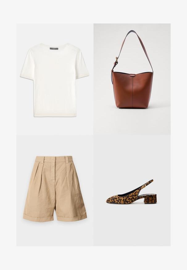 Weißes kurzärmliges Strickoberteil mit rundem Halsausschnitt, das eine glatte Textur und subtile Rippakzente an den Ärmeln und dem Saum aufweist.; Beige Leinen-Shorts mit hoher Taille, zwei vorderen Falten und umgeschlagenen Säumen. Glatte Textur mit maßgeschneidertem Design.; Damen-Slingback-Schuhe mit Leopardenmuster, niedrigem Blockabsatz und goldener Schnalle am Seitenriemen, im Seitenprofil auf einem schlichten Hintergrund dargestellt.; Braune Leder-Schultertasche mit geschwungener Form, glatter Textur und einem einzelnen dünnen Trageriemen. Verfügt über eine dezente Naht und ein kleines Logodetail.