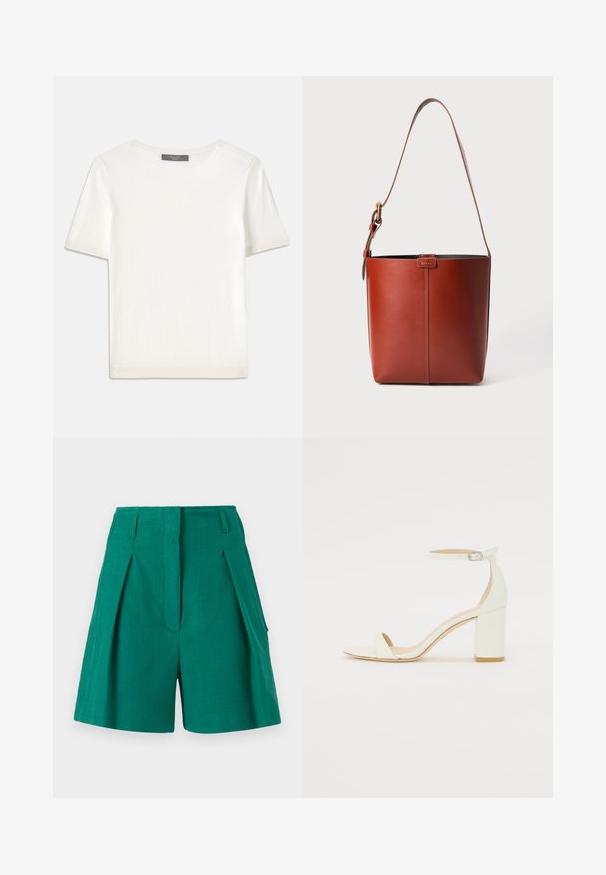 Bijela kratkotrajna pletena majica s kratkim rukavima i okruglim izrezom, koja se odlikuje glatkom teksturom i suptilnim rebrastim detaljima na rukavima i rubu.; Zelene kratke hlače sa teksturiranim materijalom, detaljima na pregibu i bočnim džepovima. Dizajn je krojen s visokim strukom i ravnim krojem.; Bijela kožna sandala na blok petu s remenom oko zapešća i minimalističkim dizajnom. Otvoreni nos i glatke teksture kroz cijelu obuću.; Smeđa kožna torba u obliku kante s podesivim remenom za rame i zlatnim kopčanjem, jednostavna vertikalna šavova na prednjoj strani.