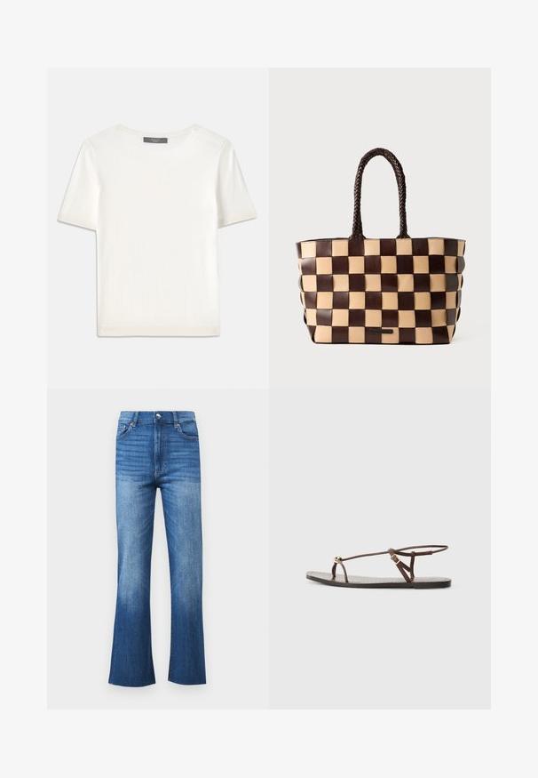 Bílý pletený top s krátkým rukávem a kulatým výstřihem, s hladkou strukturou a jemnými ribovými akcenty na rukávech a lemu.; Džínové zvonové kalhoty s přechodem od světle modré k tmavě modré, vysokým pasem, pěti kapsami a surovým lemem na kotnících.; Hnědé kožené sandály s tenkými popruhy, zlatým obdélníkovým akcentem a plochou podrážkou. Minimalistický design s nastavitelným detailem přezky.; Hnědo-beige kožená taška přes rameno s tkaným vzorem ve tvaru šachovnice a copánkovými úchyty na bílém pozadí.