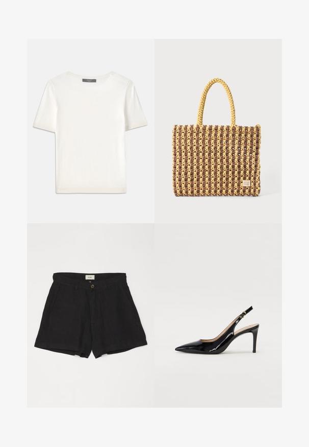 Bílý pletený top s krátkým rukávem a kulatým výstřihem, s hladkou strukturou a jemnými ribovými akcenty na rukávech a lemu.; Černé lněné šortky s uvolněným střihem, s předním zapínáním na knoflík a bočními kapsami. Hladká textura a jednoduchý design.; Černé lakované slingback lodičky s špičatou špičkou, úzkým podpatkem a jemným výřezem. Obsahují zlatou sponu na řemínku.; Tkaná taška hnědé a žluté barvy s obdélníkovým tvarem, dvěma úchyty a texturovaným povrchem s viditelným šitím a brandovým štítkem.