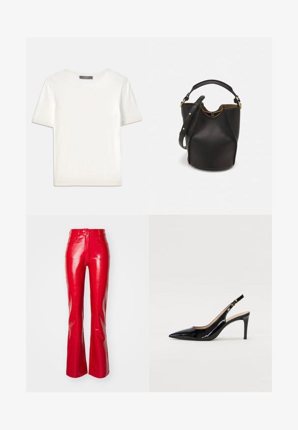 Balta īsām piedurknēm adīta blūze ar apaļu kakla izgriezumu, kurai ir gluda tekstūra un smalki riboti akcenti pie piedurknēm un apakšmalas.; Norma Kamali HIGH WAIST - Auduma bikses - tiger red; Melnas lakotās ādas slingback kurpes ar izteiktu degunu, šauru papēdi un smalku izgriezumu dizainu. Siksniņai ir zelta sprādze.; Melnas ādas spainīša somas ar teksturētu apdari, zelta metāla aksesuāriem un atvērtu augšu. Piedāvā īsu rokturi un regulējamu plecu siksnu.