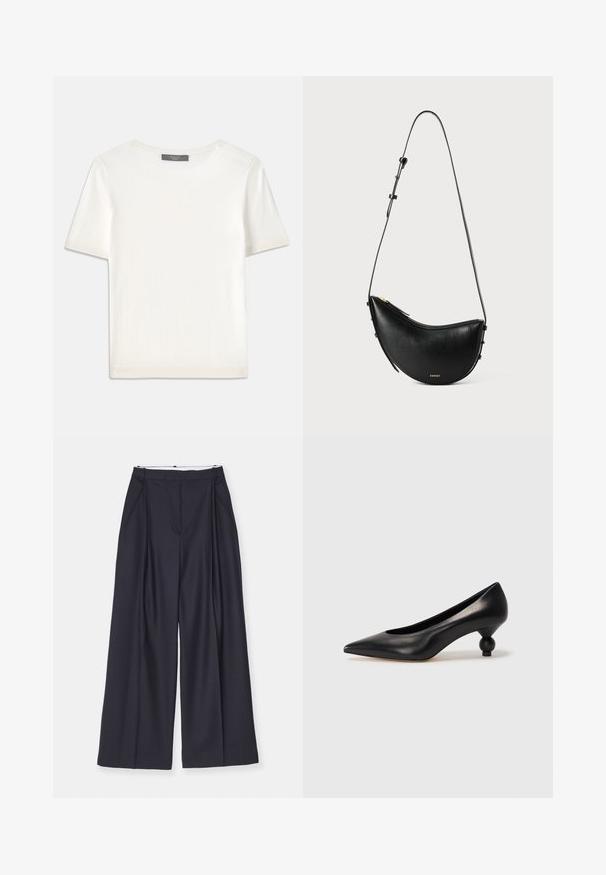 White short-sleeve knit top with a round neckline, featuring a smooth texture and subtle ribbed accents at sleeves and hem.; Victoria Beckham WIDE LEG TROUSER - Trousers - midnight; Black leather high heel shoe with a pointed toe and a round, balled heel. Smooth texture with a sleek, minimal design.; Black leather handbag with a curved shape and single adjustable strap. Features a zipper closure and minimal gold hardware.