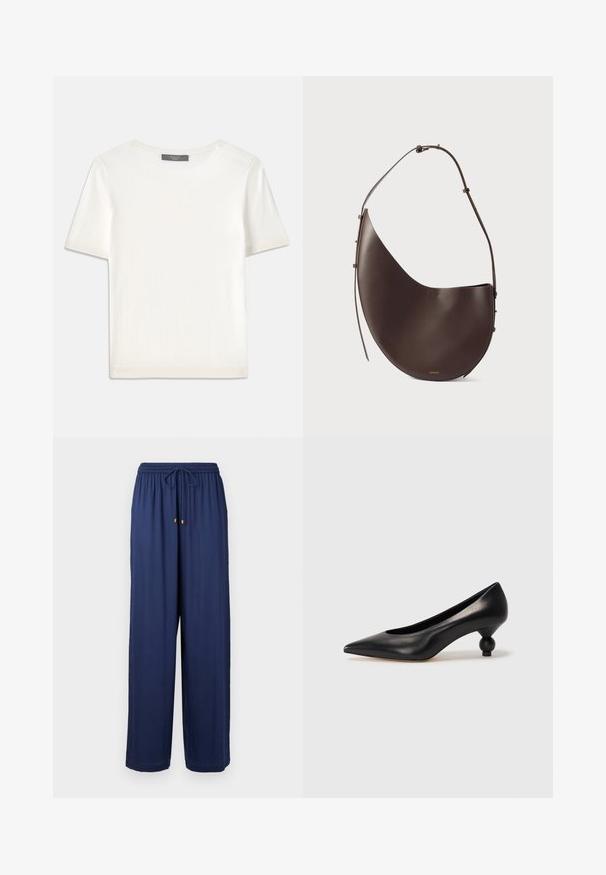 Biała krótki rękaw dzianinowa bluzka z okrągłym dekoltem, charakteryzująca się gładką teksturą i subtelnymi prążkowanymi akcentami na rękawach oraz u dołu.; Granatowe szerokie spodnie z elastycznym pasem i sznurkiem, z złotymi metalowymi akcentami na końcach sznurka. Miękka tekstura materiału.; Czarna skórzana szpilka z ostrym czubkiem i okrągłym, kulistym obcasem. Gładka tekstura z eleganckim, minimalistycznym wzornictwem.; Brązowa skórzana torebka o zakrzywionym kształcie, z jedną rączką i minimalistycznym designem. Posiada subtelne logo oraz złote akcenty.