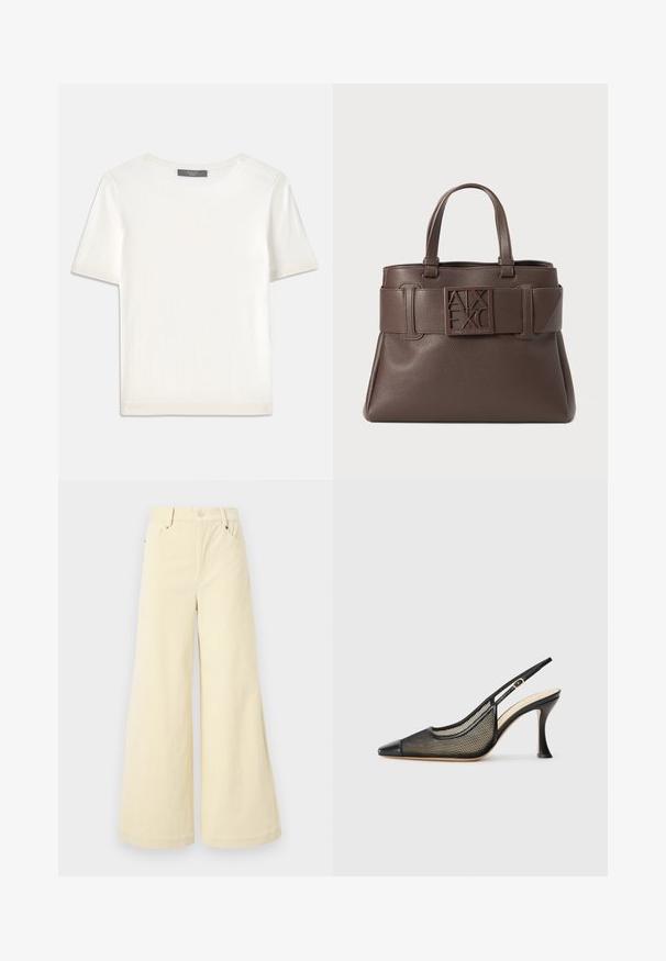 Valkoinen lyhythihainen neulepaita, jossa on pyöreä kaula-aukko. Paidan pinnassa on sileä rakenne ja hihansuissa sekä helmassa hienostuneet ribbineulekoristeet.; Välbredda byxor i mjukt beige tyg med en texturerad yta, med framfickor, bälteshällor och en enda knappstängning.; Musta taustakorko, jossa on viistopää, verkkoyksityiskohtia ja sileä nahkakärki. Värit sisältävät mustaa ja beiget yksityiskohdat.; Ruskea nahkainen käsilaukku, jossa on kivipintainen rakenne, yläkahvat ja näkyvä logo vyön kaltaisessa hihnassa. Ominaisuuksiin kuuluu kulmikkaita yksityiskohtia ja jämäkkä muoto.