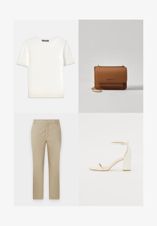 Top tricotat alb cu mânecă scurtă, cu decolteu rotund, având o textură netedă și accente subtile cu nervuri la mâneci și la margine.; Pantaloni bej cu croi drept, confecționați dintr-un material neted. Au fermoar la brâu și curea; cusături minime și fără modele vizibile.; Sandal din piele albă cu toc bloc, având o curea la glezna cu cataramă și un design minimalist. Vârf deschis și texturi netede pe întreaga suprafață.; Geantă crossbody din piele texturată maro, cu curea din lanț aurit și închidere cu clapetă. Partea din față prezintă detalii cu logo și o buzunar sub clapetă.