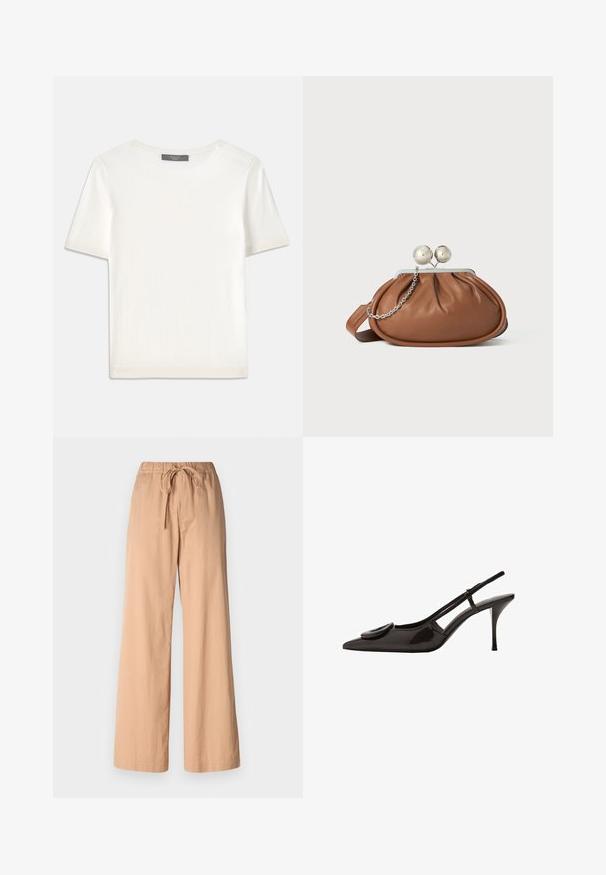 Biele krátke rukávy pletené tričko s okrúhlym výstrihom, ktoré má jemnú textúru a nenápadné rebrované detaily na rukávoch a leme.; Béžové nohavice s širokými nohavicami a elastickým pásom s šnúrkou na viazanie. Vyrobené z ľahkého materiálu, s hladkou textúrou a čistými líniami.; Čierne lakované slingback topánky s prednou časťou do špica, minimalistický dizajn, malý obľúkový akcent na nártovej časti a štíhla podpätok.; Hnedá kožená kabelka s strieborným guľovým zapínaním a malým strieborným reťazom na bielom pozadí.