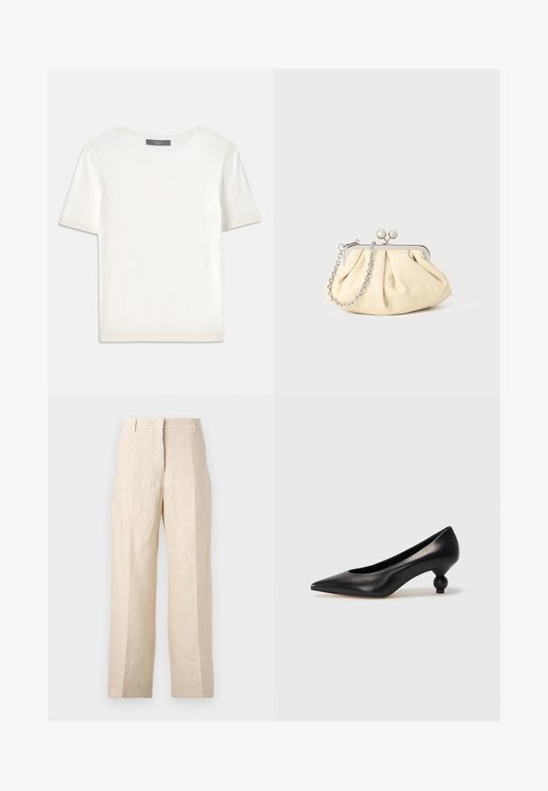 White short-sleeve knit top with a round neckline, featuring a smooth texture and subtle ribbed accents at sleeves and hem.; Beige linen trousers with a loose fit, pleated front, and straight legs. Features a waistband with belt loops and no visible pockets.; Black leather high heel shoe with a pointed toe and a round, balled heel. Smooth texture with a sleek, minimal design.; Pleated beige leather clutch with a silver metal frame, featuring two round decorative clasps and a silver chain strap.